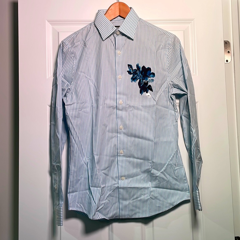 NEW Men's Express Button Up Dress Shirt Blue Striped Flowers - XS